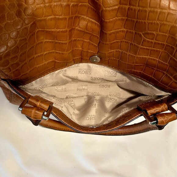 MICHAEL Michael Kors Sloan Croc Embossed Mocha Leather Silver Shoulder Satchel - Picture 15 of 15